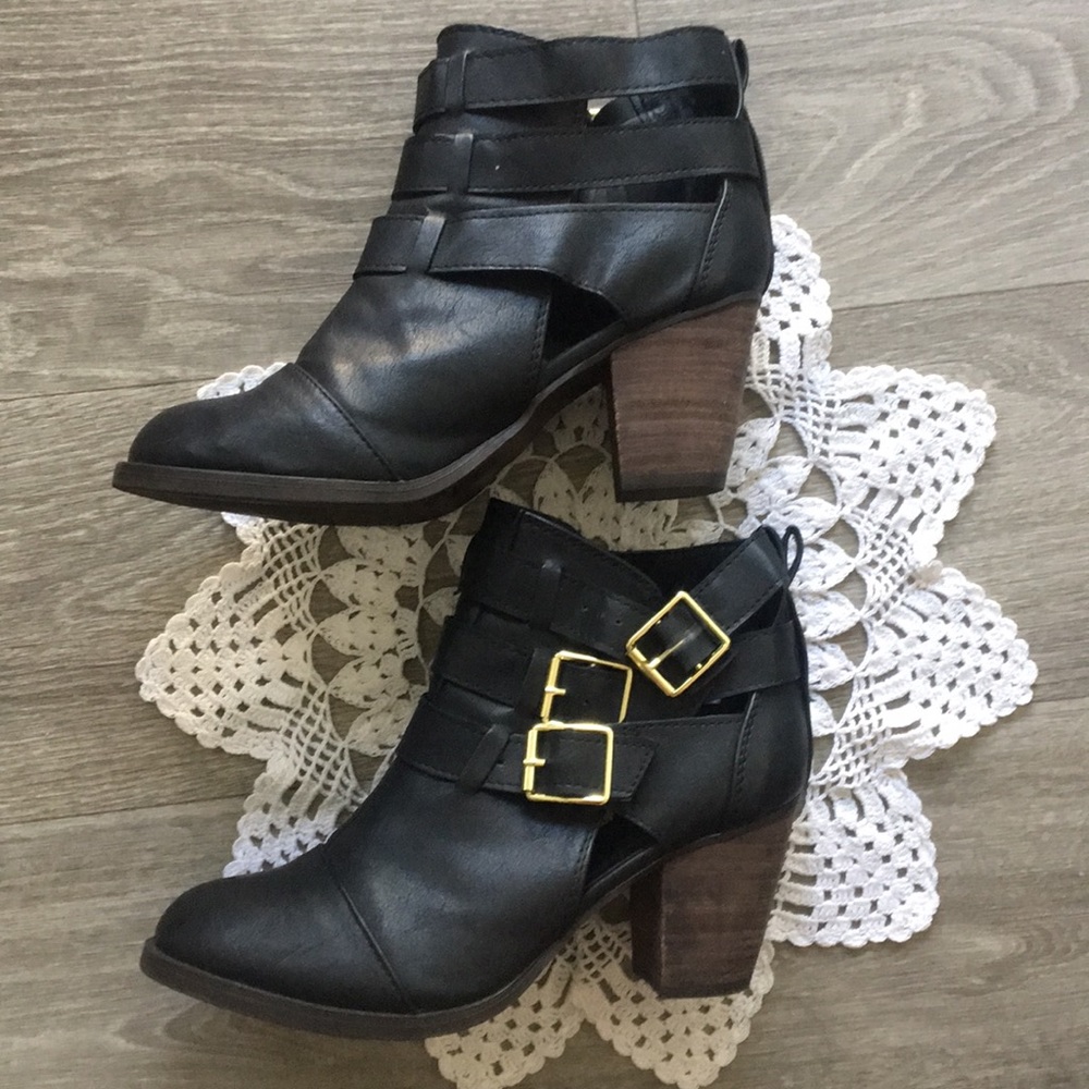 buckle chunky black vegan leather ankle booties
